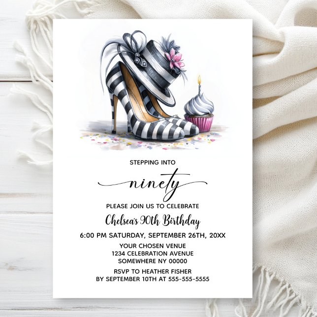 Striped Stiletto Shoes 90th Birthday Invitation (Creator Uploaded)