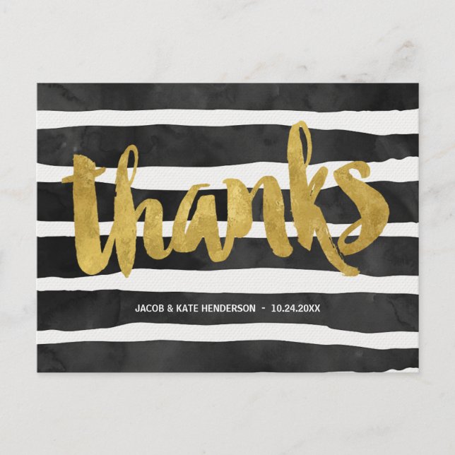 Striped Thanks | Faux Gold Foil Thank You Postcard (Front)