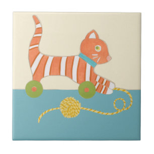 Striped Toy Cat with Ball of String Ceramic Tile