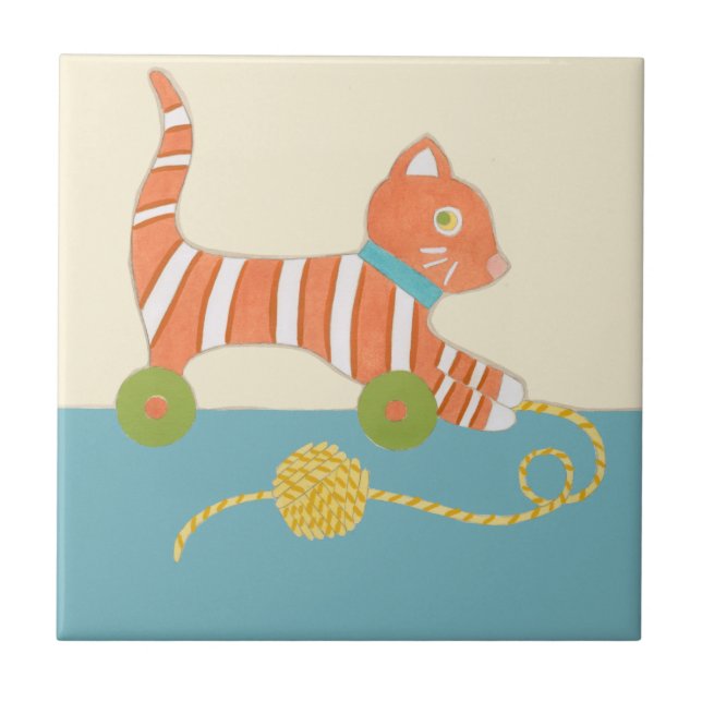 Striped Toy Cat with Ball of String Ceramic Tile (Front)