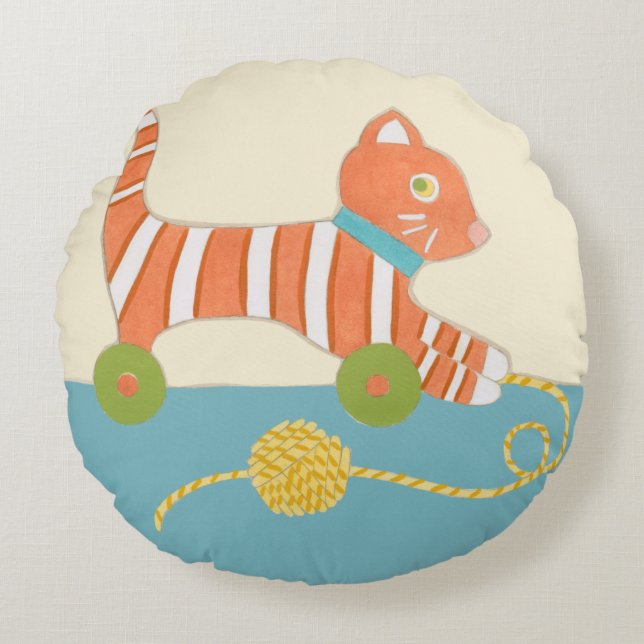 Striped Toy Cat with Ball of String Round Cushion (Front)