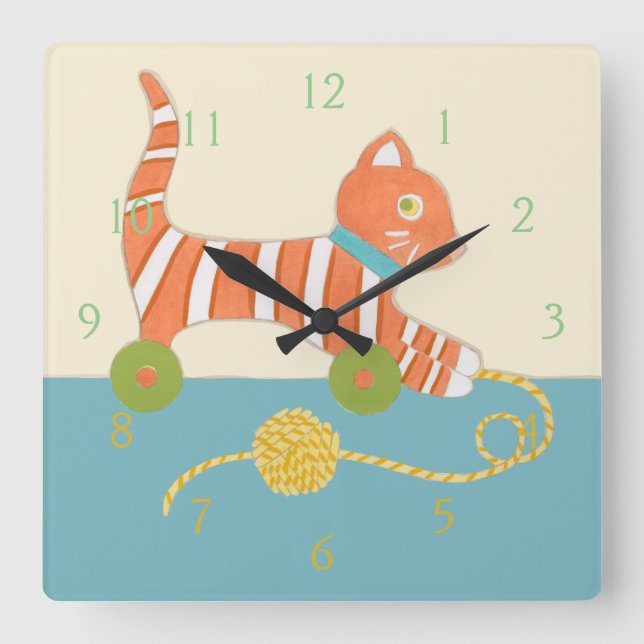 Striped Toy Cat with Ball of String Square Wall Clock (Front)