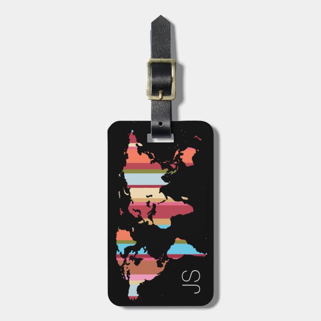 striped travel world map personalised luggage tag (Front Vertical)