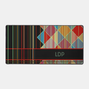 Striped Triangle Shapes with Initials on Black Desk Mat