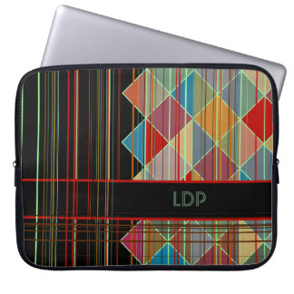 Striped Triangle Shapes with Initials on Black Laptop Sleeve