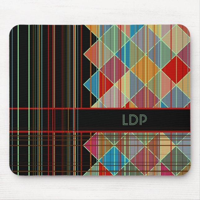 Striped Triangle Shapes with Initials on Black Mouse Pad (Front)