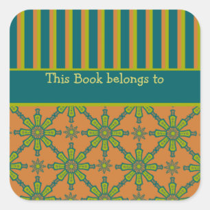 Striped Tribal Rust, Green, Teal Bookplates Square Sticker