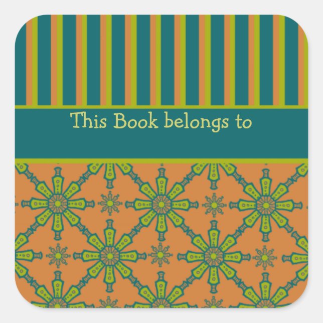 Striped Tribal Rust, Green, Teal Bookplates Square Sticker (Front)