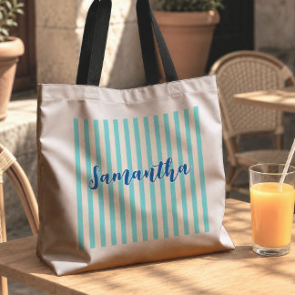 Striped turquoise Modern Bridesmaid Bridal Party Tote Bag