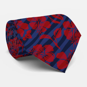 Striped Vintage Hibiscus Hawaiian 2-sided Printed Tie