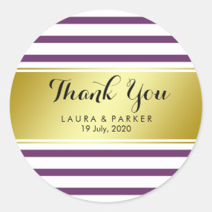 Striped Violet Gold  Foil Thank You Wedding Classic Round Sticker