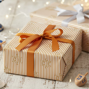 Striped Warm Amber Jewish Gold Star of David Wrapping Paper