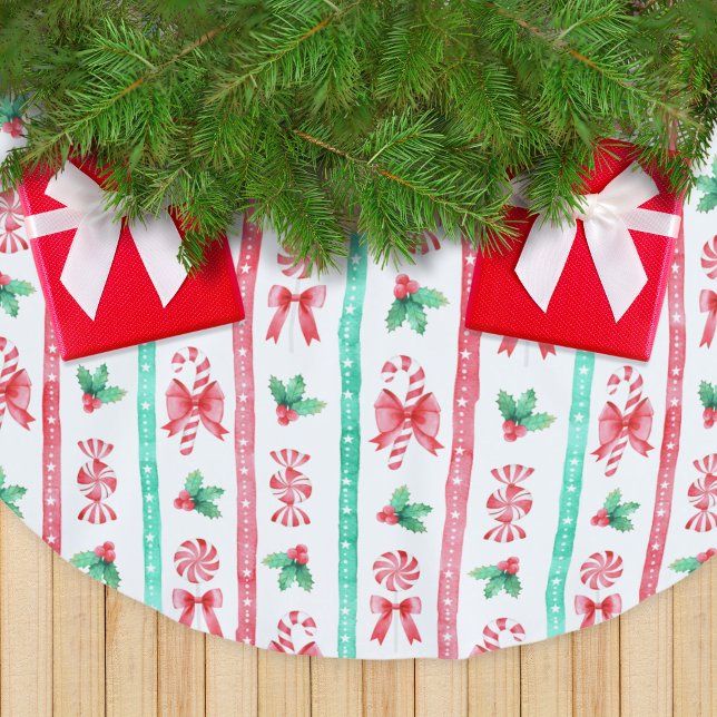Striped Watercolor Candy Canes + Peppermint Candy Brushed Polyester Tree Skirt (Striped Watercolor Candy Canes + Peppermint Candy Brushed Polyester Tree Skirt)
