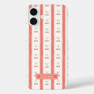 Striped Watercolor Cherries Monogrammed iPhone 16 Plus Case