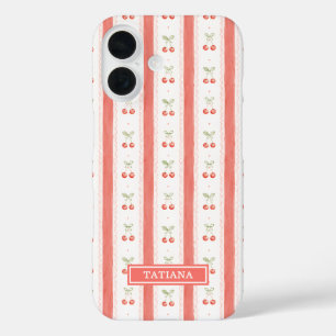 Striped Watercolor Cherries Monogrammed iPhone 16 Case
