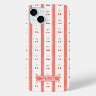 Striped Watercolor Cherries Monogrammed iPhone 15 Mini Case