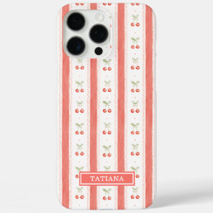 Striped Watercolor Cherries Monogrammed iPhone 16 Pro Max Case