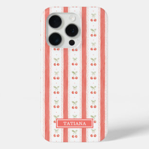 Striped Watercolor Cherries Monogrammed iPhone 15 Pro Case