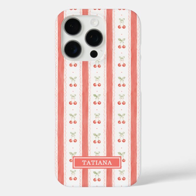 Striped Watercolor Cherries Monogrammed Case-Mate iPhone Case (Back)