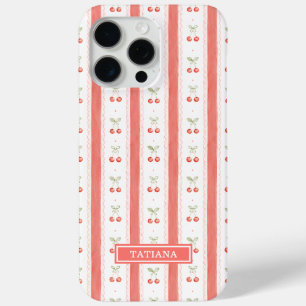 Striped Watercolor Cherries Monogrammed iPhone 15 Pro Max Case