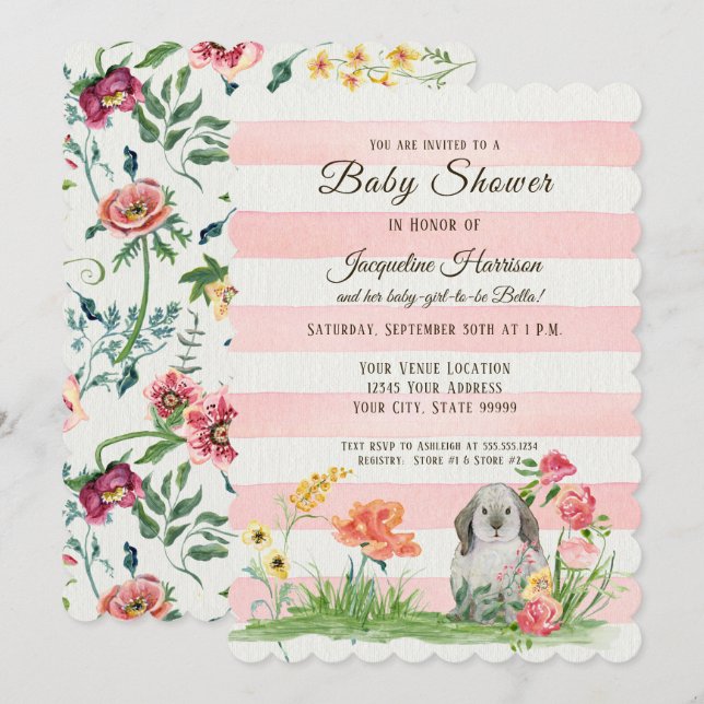 Striped Woodland Lop Ear Rabbit Girl Baby Shower Invitation (Front/Back)