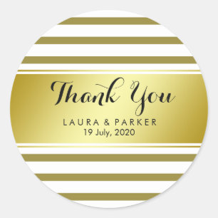 Striped Yellow Gold  Foil Thank You Wedding Classic Round Sticker