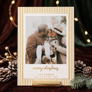Striped Yellow Merry Christmas Photo Foil Holiday Card