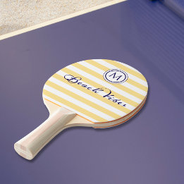 Striped Yellow White Beach Vibes Coastal Monogram Ping Pong Paddle