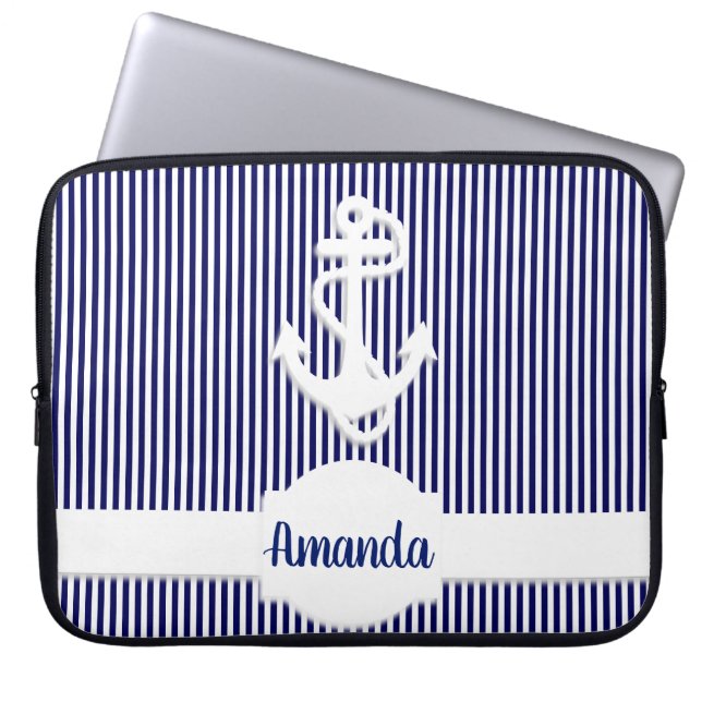 Stripes & Anchor Monogram Custom Laptop Sleeve (Front)