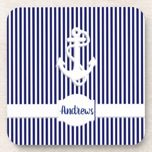 Stripes & Anchor Monogram or Name Custom Coaster