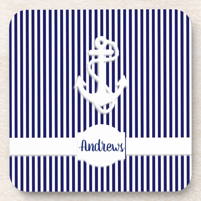 Stripes & Anchor Monogram or Name Custom Coaster (Front)