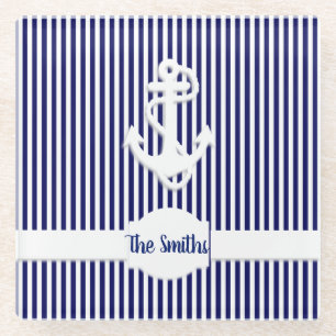 Stripes & Anchor Monogram or Name Custom Glass Coaster