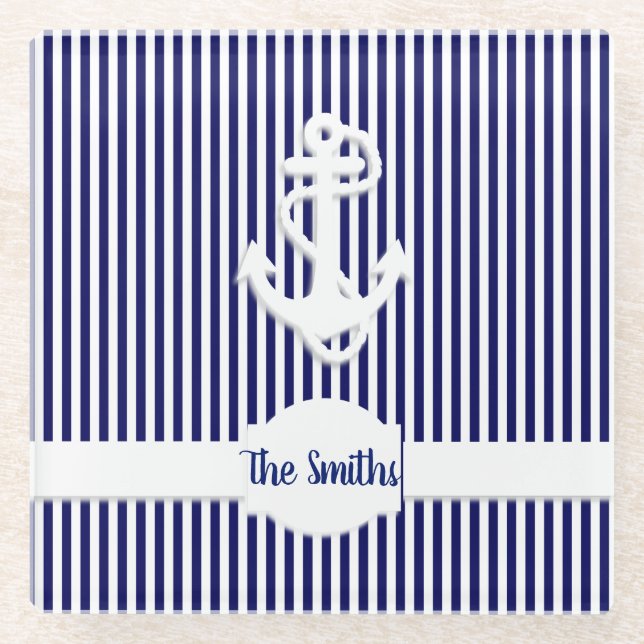 Stripes & Anchor Monogram or Name Custom Glass Coaster (Front)