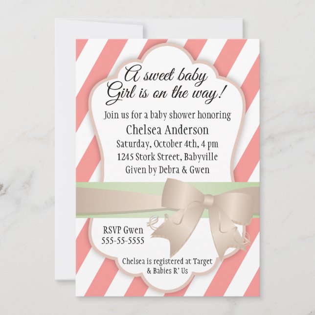 Stripes and Bow Sweet Baby Girl Shower Invitation (Front)
