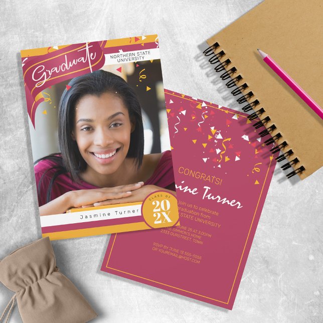 Stripes and Confetti Graduation Red/Gold ID890 Invitation (Creator Uploaded)