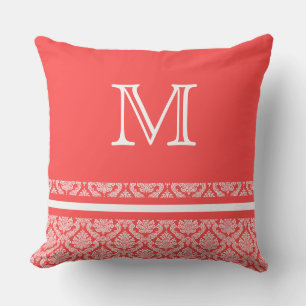 Stripes and Damask in Salmon and White Monogram Cushion