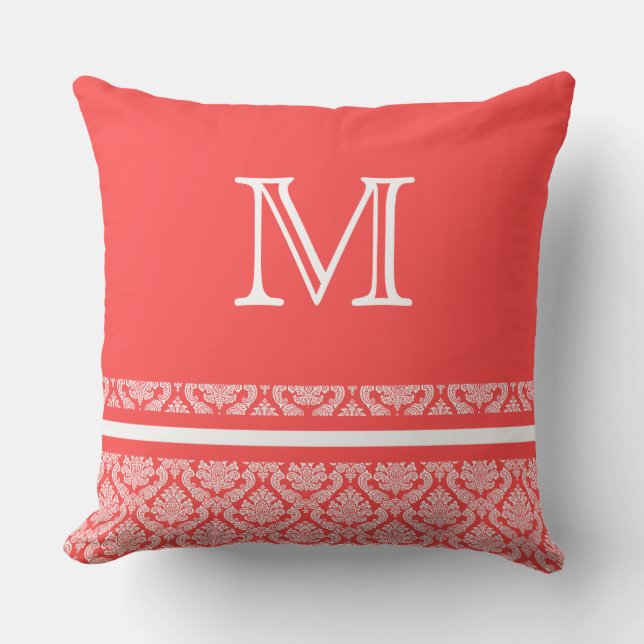 Stripes and Damask in Salmon and White Monogram Cushion (Front)