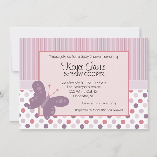 Stripes and Dots Purple Butterfly Invitation (Front)