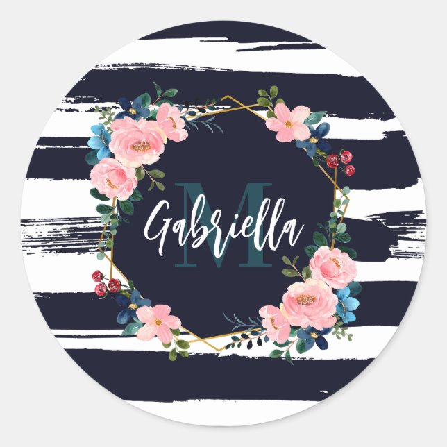 Stripes And Floral Frame Monogram Classic Round Sticker (Front)