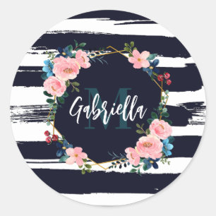 Stripes And Floral Frame Monogram Classic Round Sticker