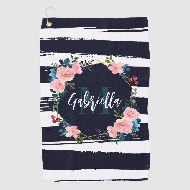 Stripes And Floral Frame Monogram Golf Towel (Front)