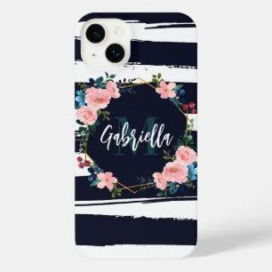 Stripes And Floral Frame Monogram iPhone 14 Plus Case