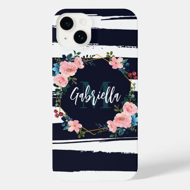 Stripes And Floral Frame Monogram iPhone Case (Back)