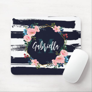 Stripes And Floral Frame Monogram Mouse Pad