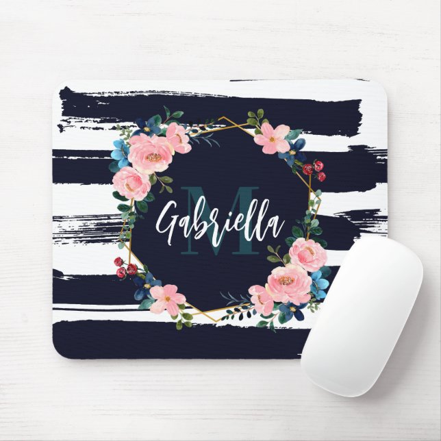 Stripes And Floral Frame Monogram Mouse Pad (With Mouse)