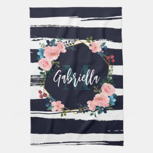 Stripes And Floral Frame Monogram Tea Towel