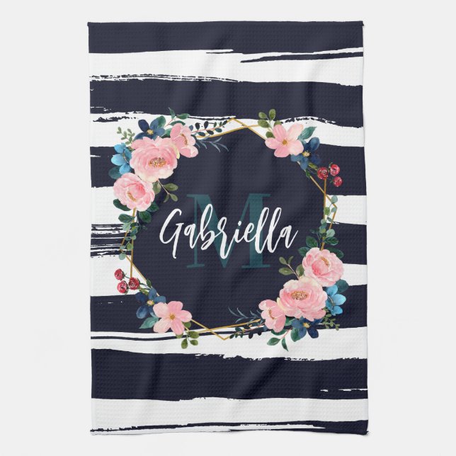 Stripes And Floral Frame Monogram Tea Towel (Vertical)