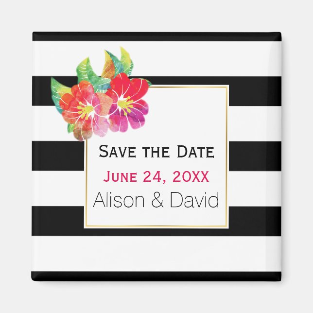 Stripes and flowers wedding Save the Date Magnet (Front)