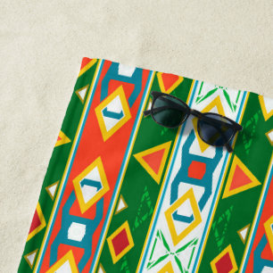 Stripes and geometric shapes green orange white beach towel