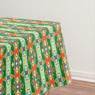 Stripes and geometric shapes green orange white tablecloth